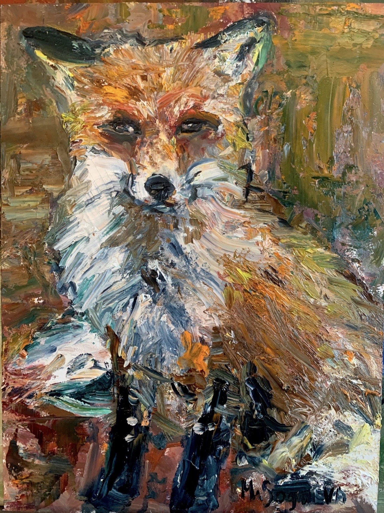 Fox — original painting by Marina Stognieva, oil on canvas mounted on cardboard, 30 × 40 cm, 2021